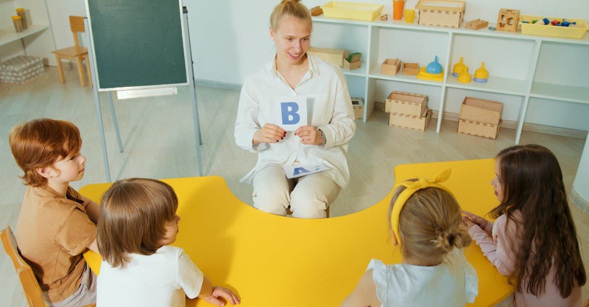 Lady showing young children and flash card with the letter B