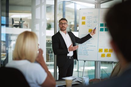 Presenter in a meeting room explains a whiteboard plan to seated colleagues.