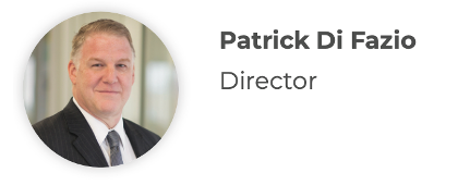 Patrick Di Fazio, Director. Man in suit, smiling, headshot in a white circle.