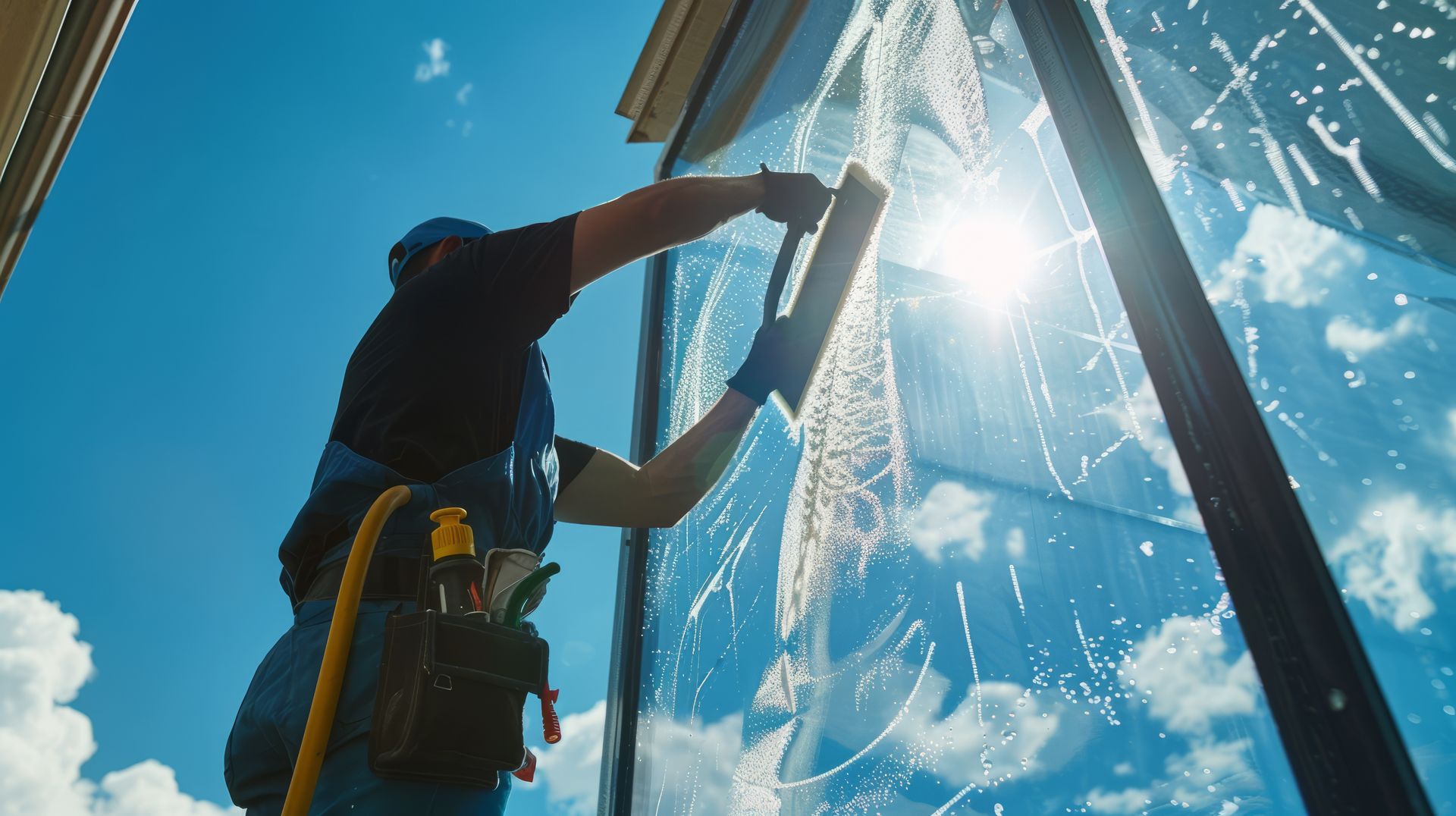 Worker cleaning tall glass windows with squeegee against bright blue sky