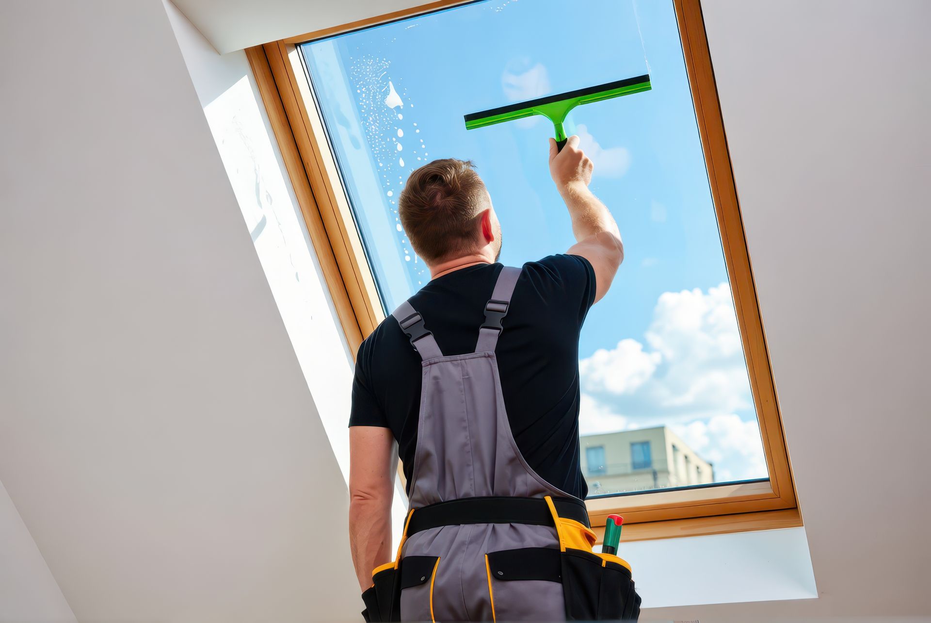 Worker washing a large window with a green squeegee, viewed from inside a room under a blue sky.