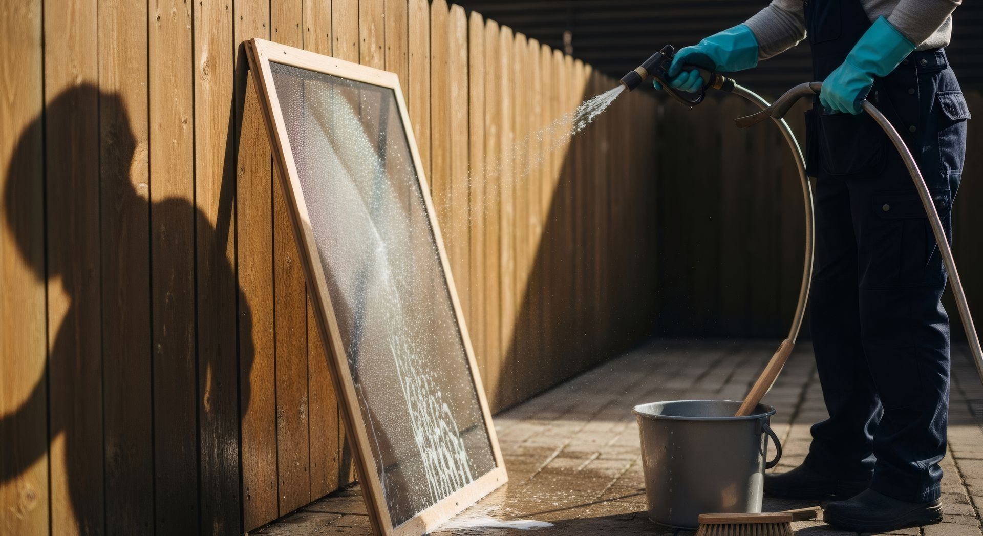 Person pressure-washing a wooden fence beside a screen panel and bucket in a sunny yard
