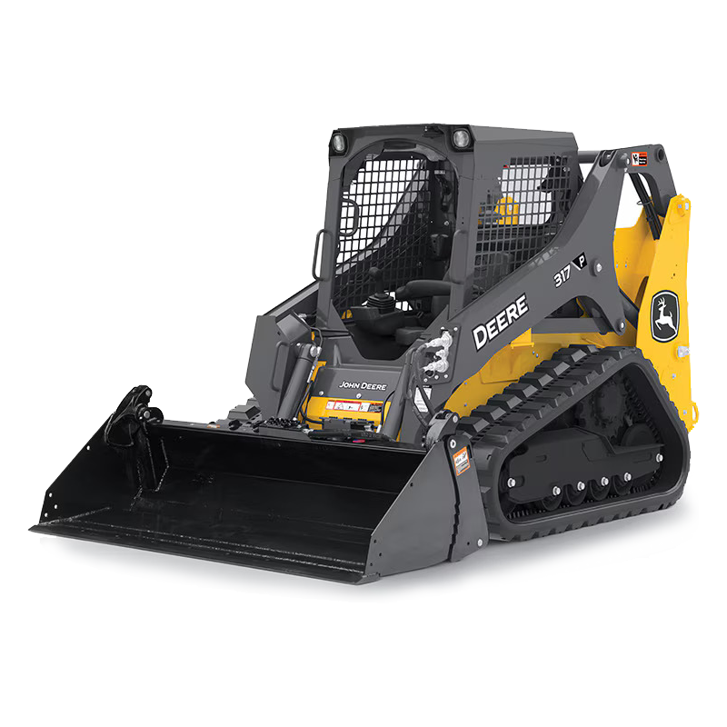 John Deere compact track loader, yellow and black, angled, ready to work.