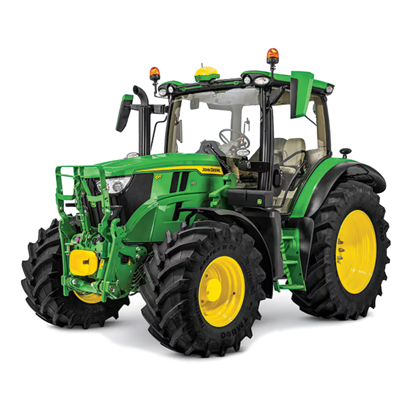 Green John Deere tractor with yellow wheels.