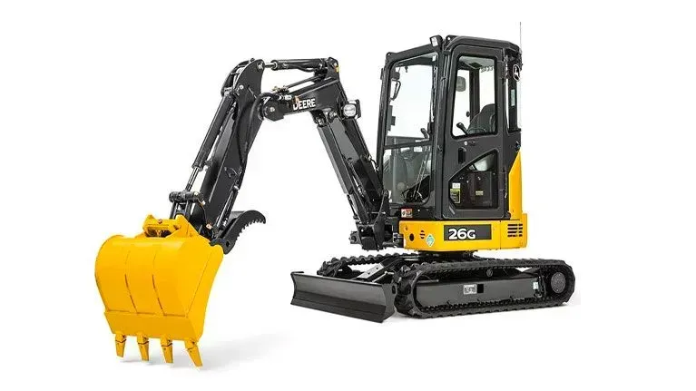 A compact excavator with a yellow bucket on a white background.