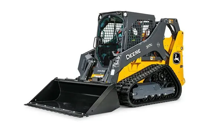 A yellow and black compact track loader with a bucket on a white background.