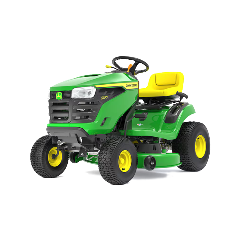 Green and yellow John Deere riding lawn mower on a white background.