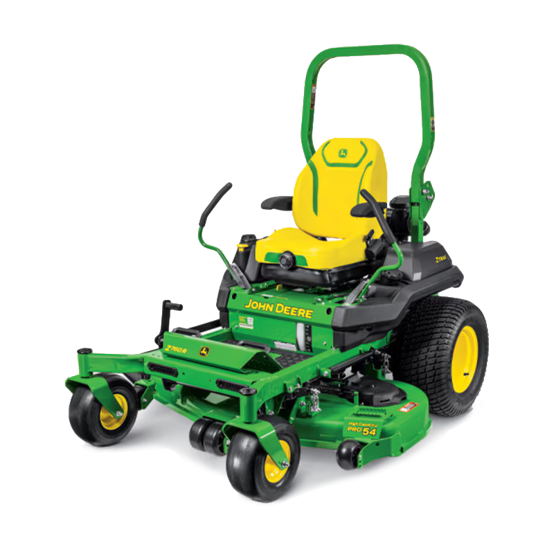 Green and yellow John Deere zero-turn riding lawn mower.