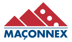 Logo de MAÇONNEX, composé de trois triangles rouges (ressemblant à une montagne) et de trois cercles blancs, avec un texte bleu en dessous.