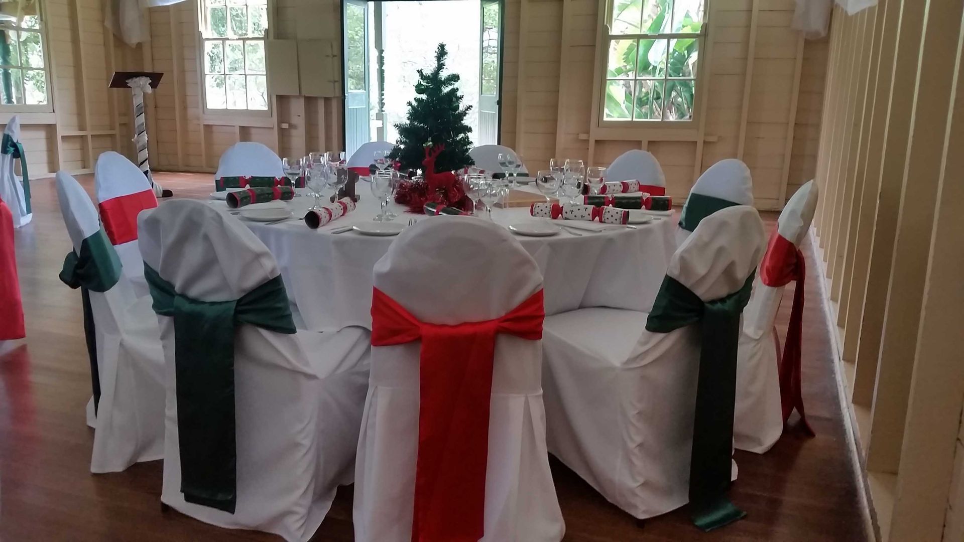 Green and Red Fitted Chaircovers — Sydney, NSW — Affordable Chair Covers & Candelabras