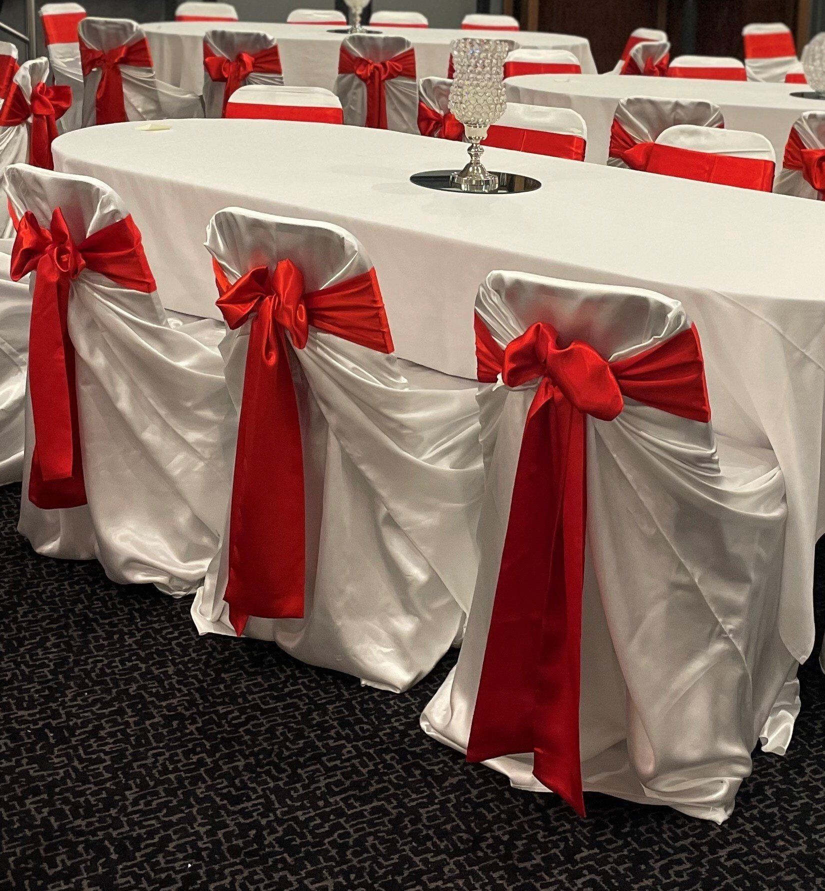Elegant Red Tie Back Chair Covers — Sydney, NSW — Affordable Chair Covers & Candelabras