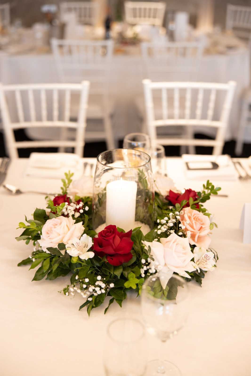 Red Wreath on Table — Sydney, NSW — Affordable Chair Covers & Candelabras