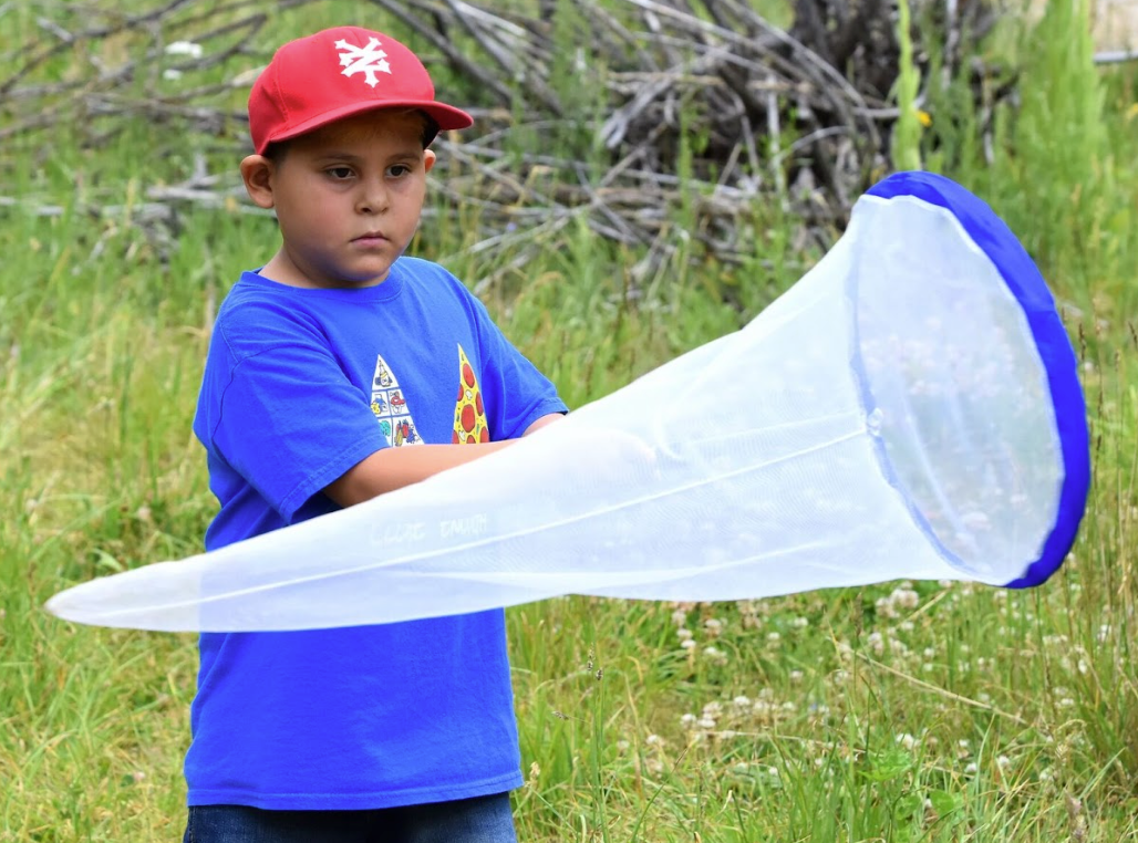 A young boy wearing a red hat and a blue shirt is holding a net.