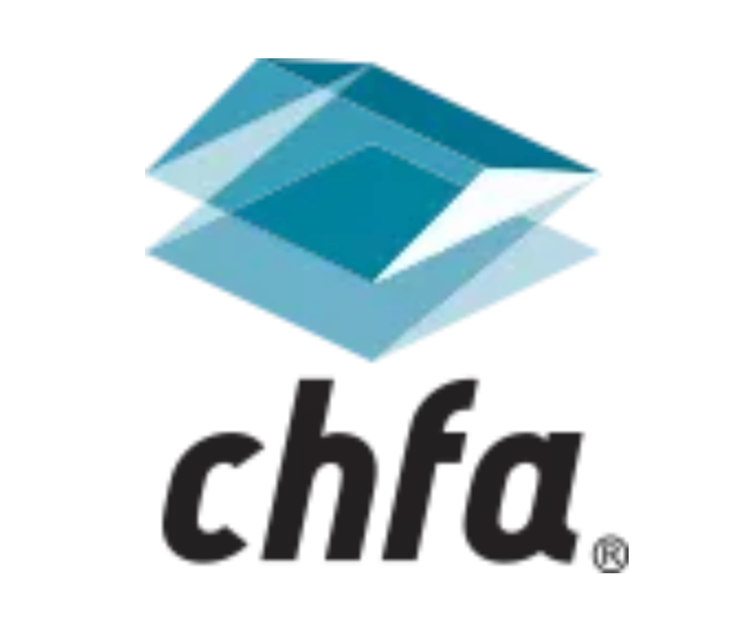 A logo for chfa with a blue cube in the middle