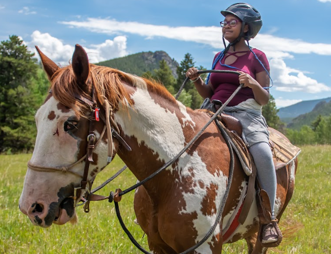 A woman is riding a brown and white horse in a field.