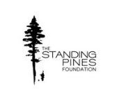 The standing pines foundation logo is a black and white image of a pine tree.