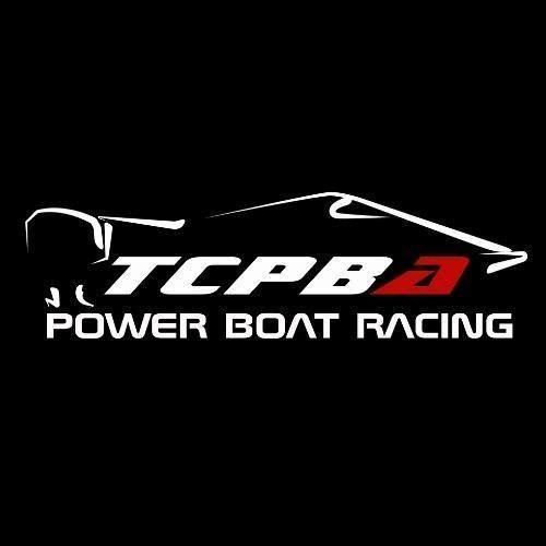 A logo for tcpb power boat racing on a black background.