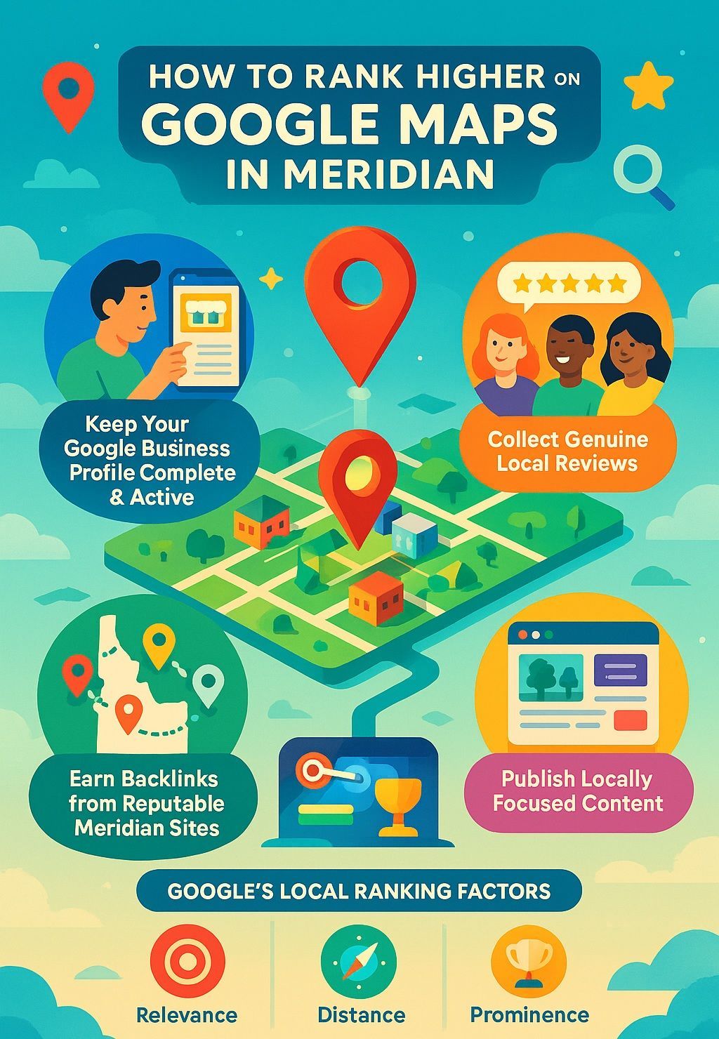 Twiss digital marketing's Infographic on how to rank higher on Google Maps in Meridian. Includes tips like: keeping profile active, collecting reviews, and publishing content.