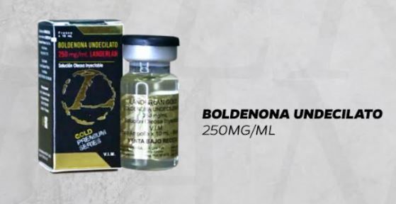 Caja y vial de Boldenona Undecilato, 250mg/mL, etiqueta dorada y negra.