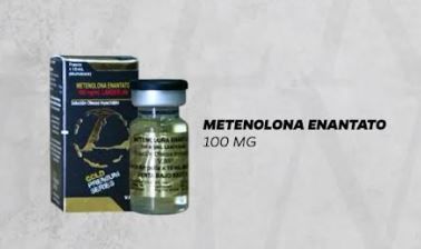 Frasco de enantato de metenolona de 100 mg, esteroide anabólico inyectable. La caja es negra y dorada.
