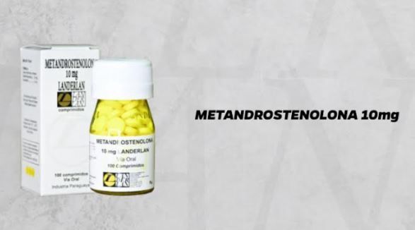 Frasco de pastillas de Metandrostelona 10mg con un recuadro al fondo, ambas etiquetadas con texto.