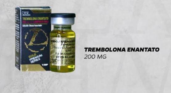 Caja y vial de enantato de trembolona de 200 mg, un esteroide. El frasco contiene un líquido amarillo. Envase dorado y negro.