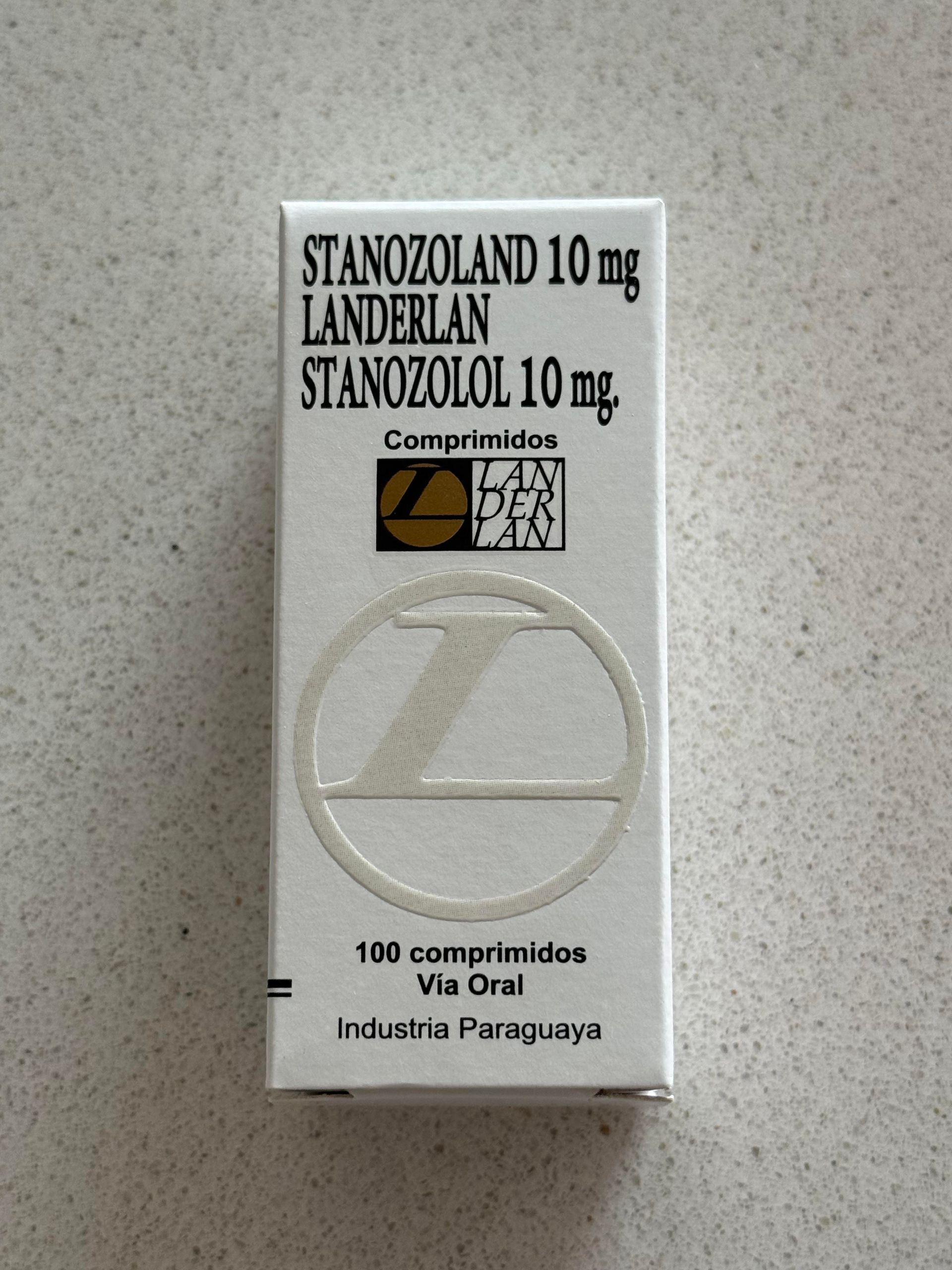 Caja de tabletas de Stanozolol, marca Landerlan, 10mg, 100 tabletas, color blanco con texto negro.