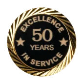 Gold and black pin celebrating 50 years of service. Text: 
