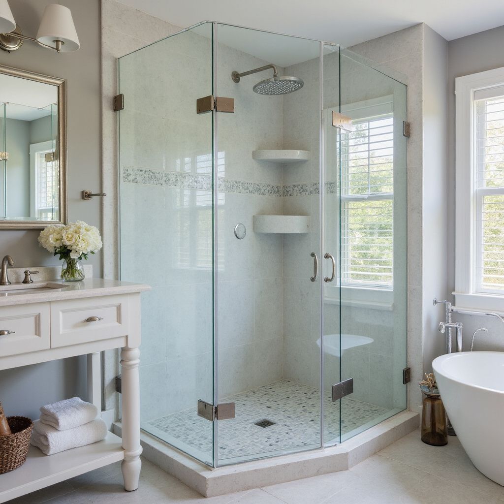A modern, light-filled bathroom with a glass shower, vanity, and freestanding tub.