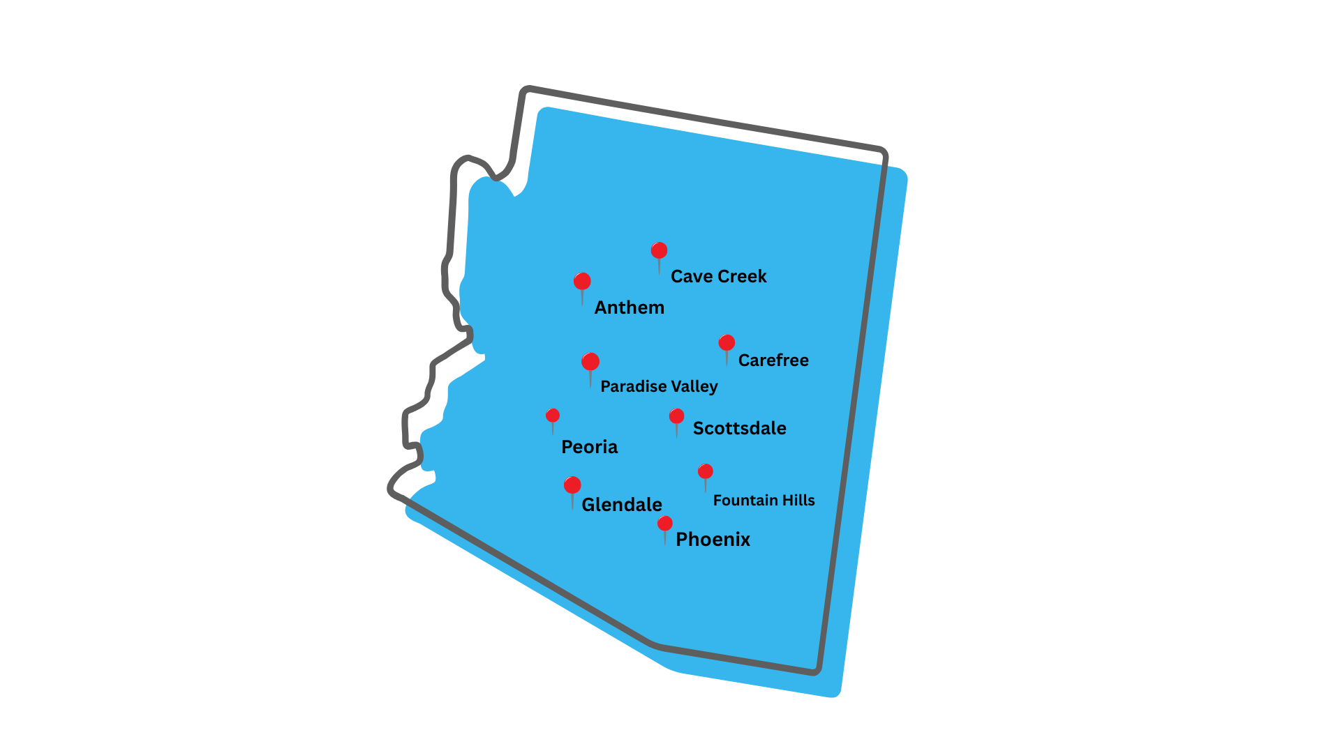 Map of Arizona with red dots indicating locations.