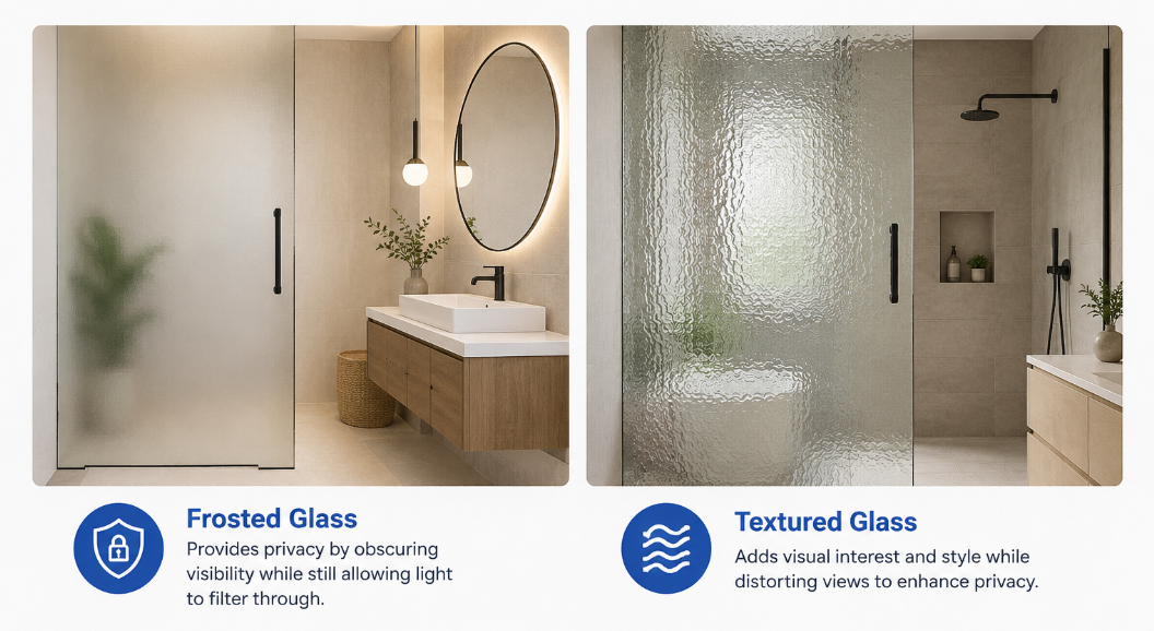 Two bathroom shower doors: frosted glass on the left and textured glass on the right.