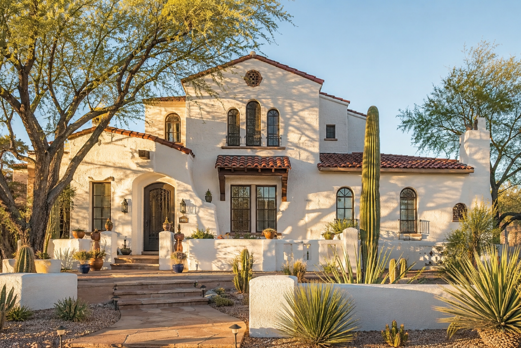 Sunlit white stucco house with terracotta roof, arched windows, and desert landscaping in front