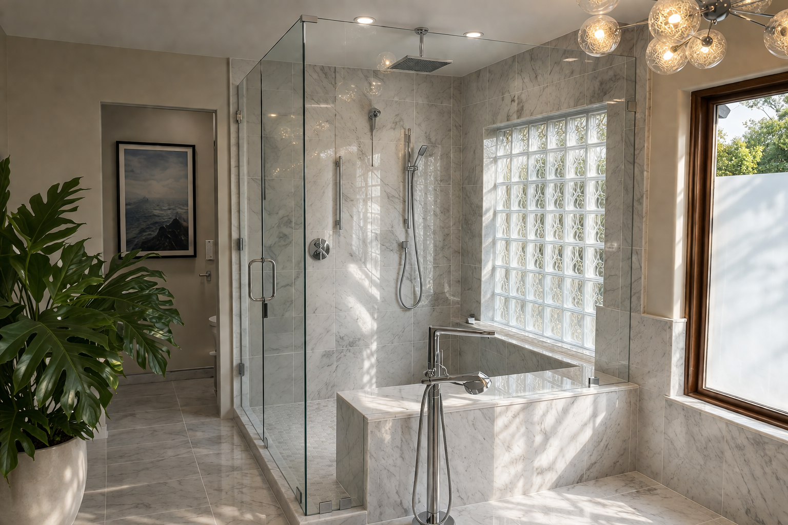 A modern, light-filled bathroom with a glass shower, vanity, and freestanding tub.