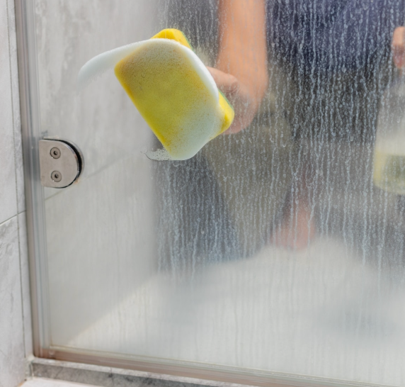 Person cleaning a foggy glass shower door with a yellow sponge and spray bottle.
