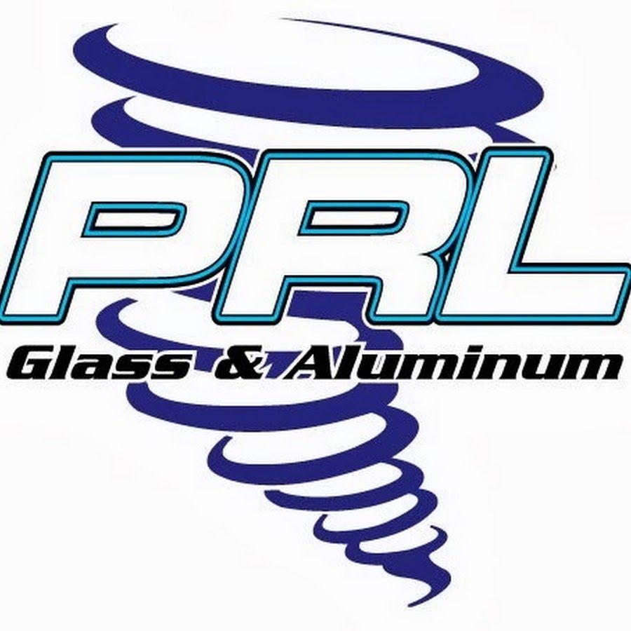 PRL Glass & Aluminum logo with text in front of a blue tornado graphic.