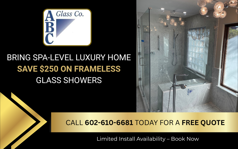 Advertisement for ABC Glass Co.: Save $250 on frameless glass showers. Includes a luxurious bathroom photo and phone number.