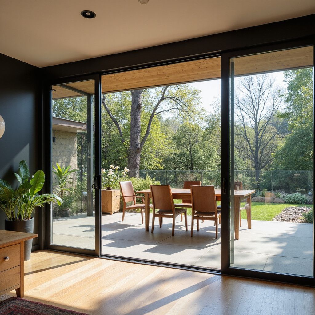 A dining room with open sliding glass doors leading to an outdoor table setting.