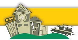 Buildings tilted, with a clock tower, and a speeding van on a green hill against yellow and white.