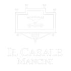 Logo minimalista bianco per Il Casale Maccini con un edificio stilizzato e un carro trainato da cavalli.