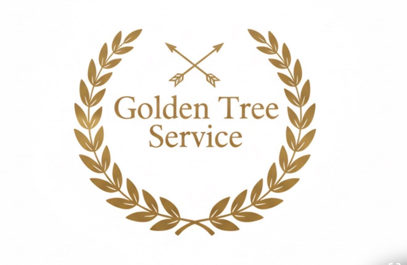 Golden tree service logo: golden laurel wreath with crossed arrows above the text "Golden Tree Service".