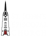 A drawing of a church tower with a red door.