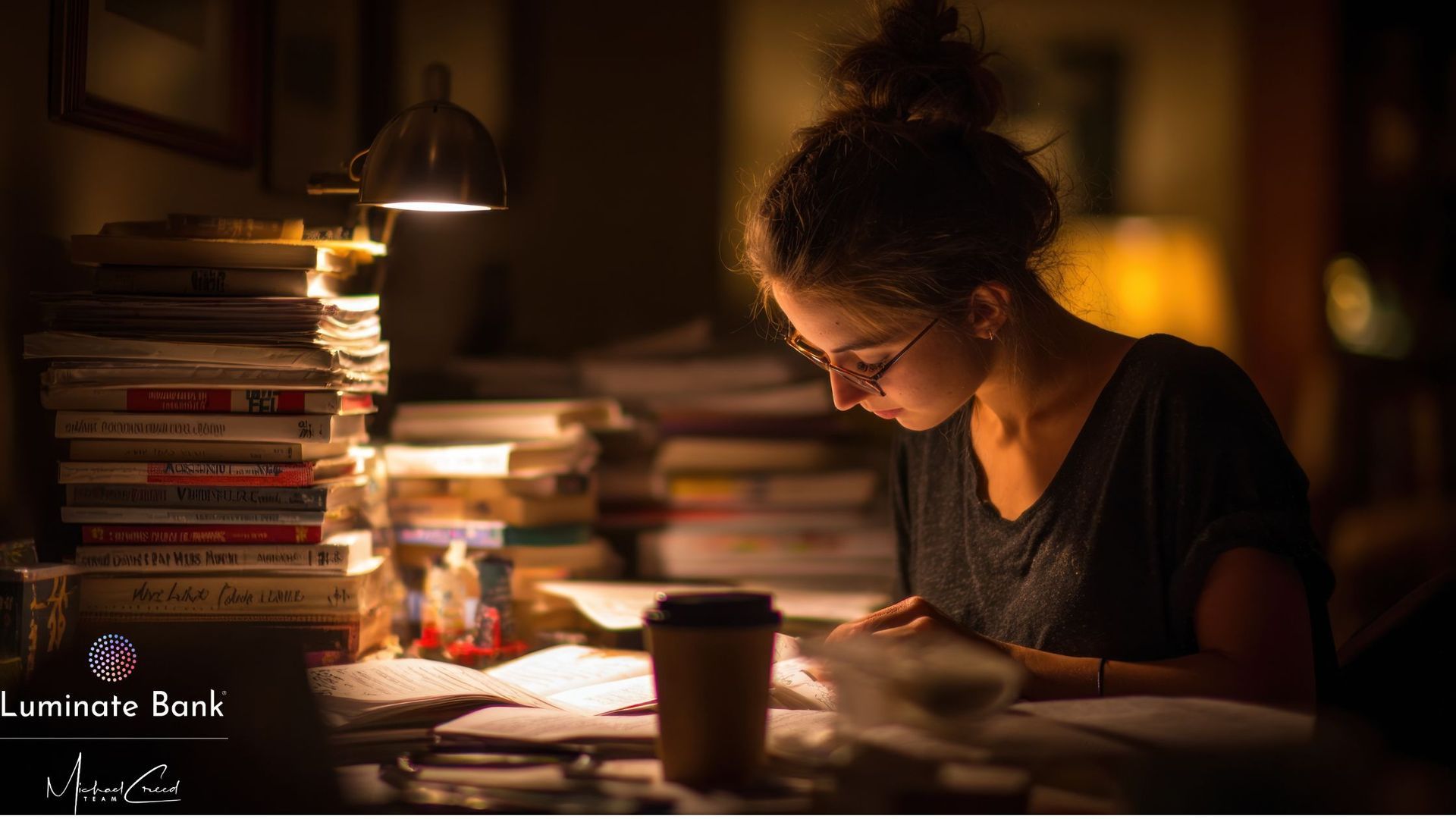 Professional up late, under a warm light, with coffee, symbolizing preparation.