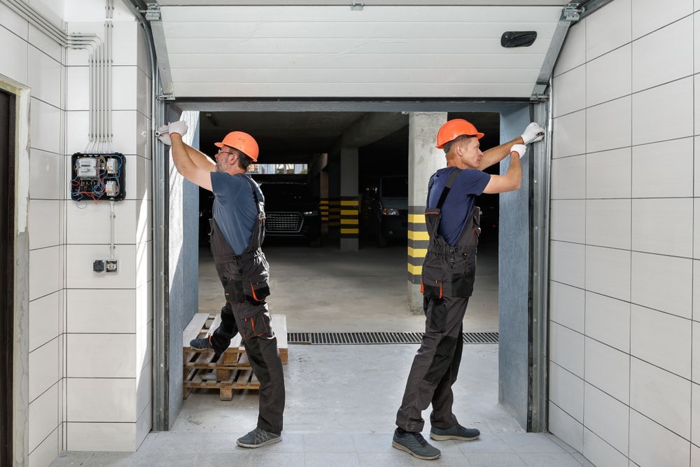 Two Workers in Orange Hard Hats Installing a Garage Door in a Garage — Industry Fire Services in Cape York, QLD