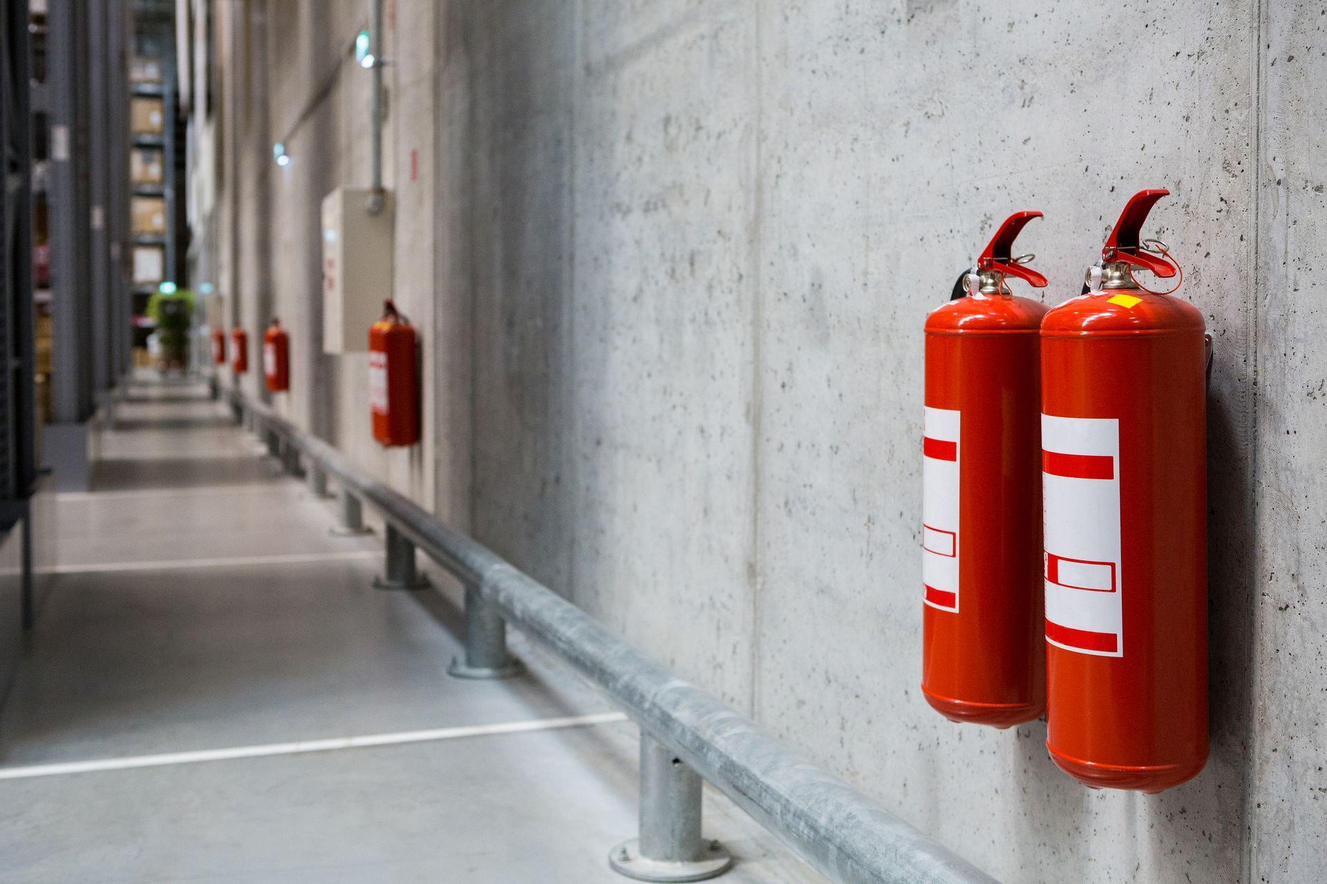 Red Fire Extinguishers Mounted on a Gray Concrete Wall in a Hallway — Industry Fire Services in Port Mackay, QLD