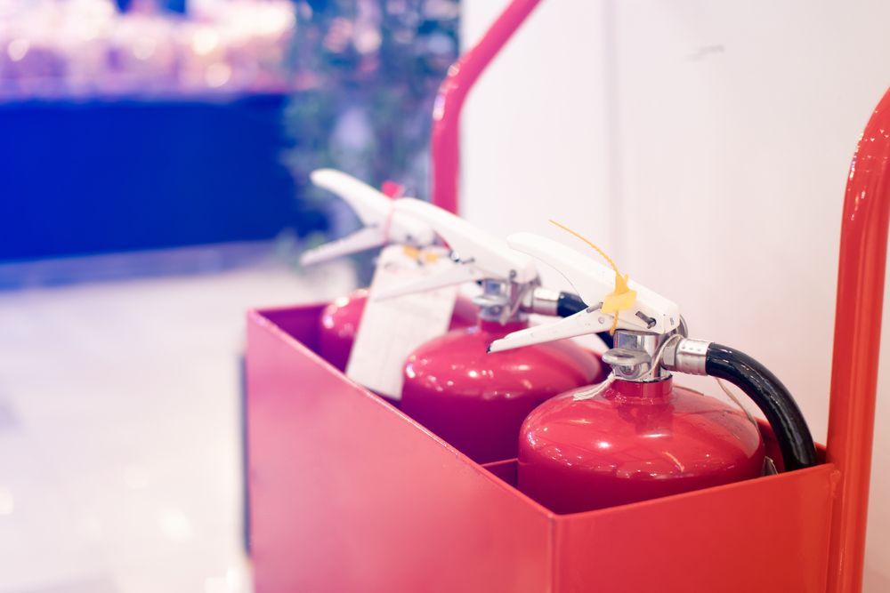 Red Fire Extinguishers in a Red Metal Storage Rack Indoors — Industry Fire Services in Port Mackay, QLD