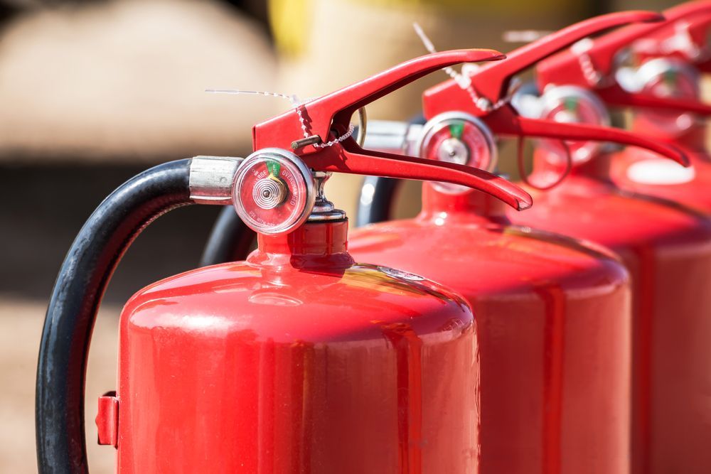 Row of Red Fire Extinguishers With Black Hoses, Handles Visible — Industry Fire Services in Atherton Tablelands, QLD