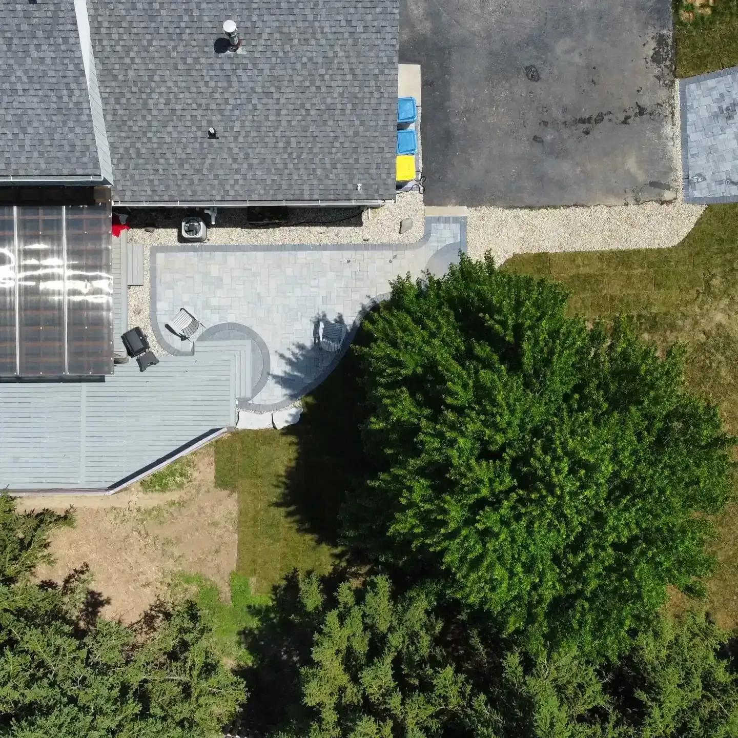 aerial drone image of stone patio installation