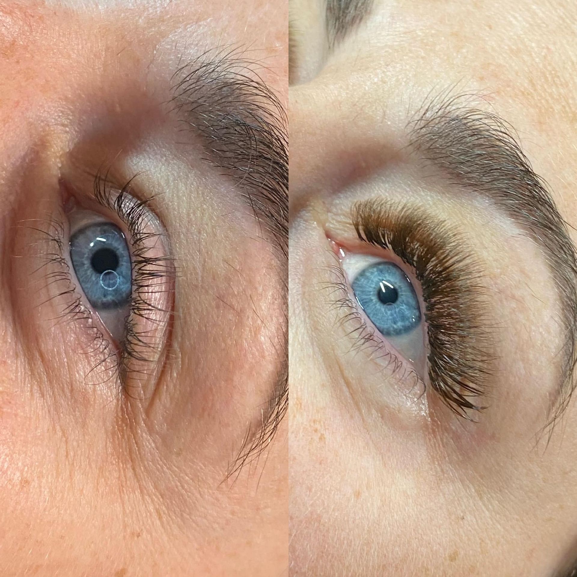 A before and after photo of a woman 's eye with long eyelashes.