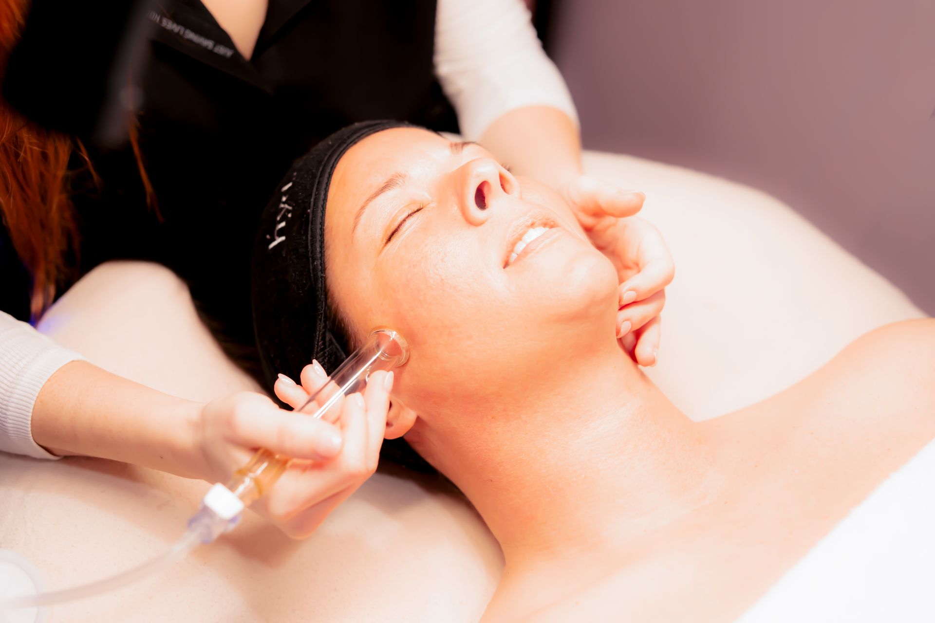 A before and after picture of a woman 's face with her eyes closed