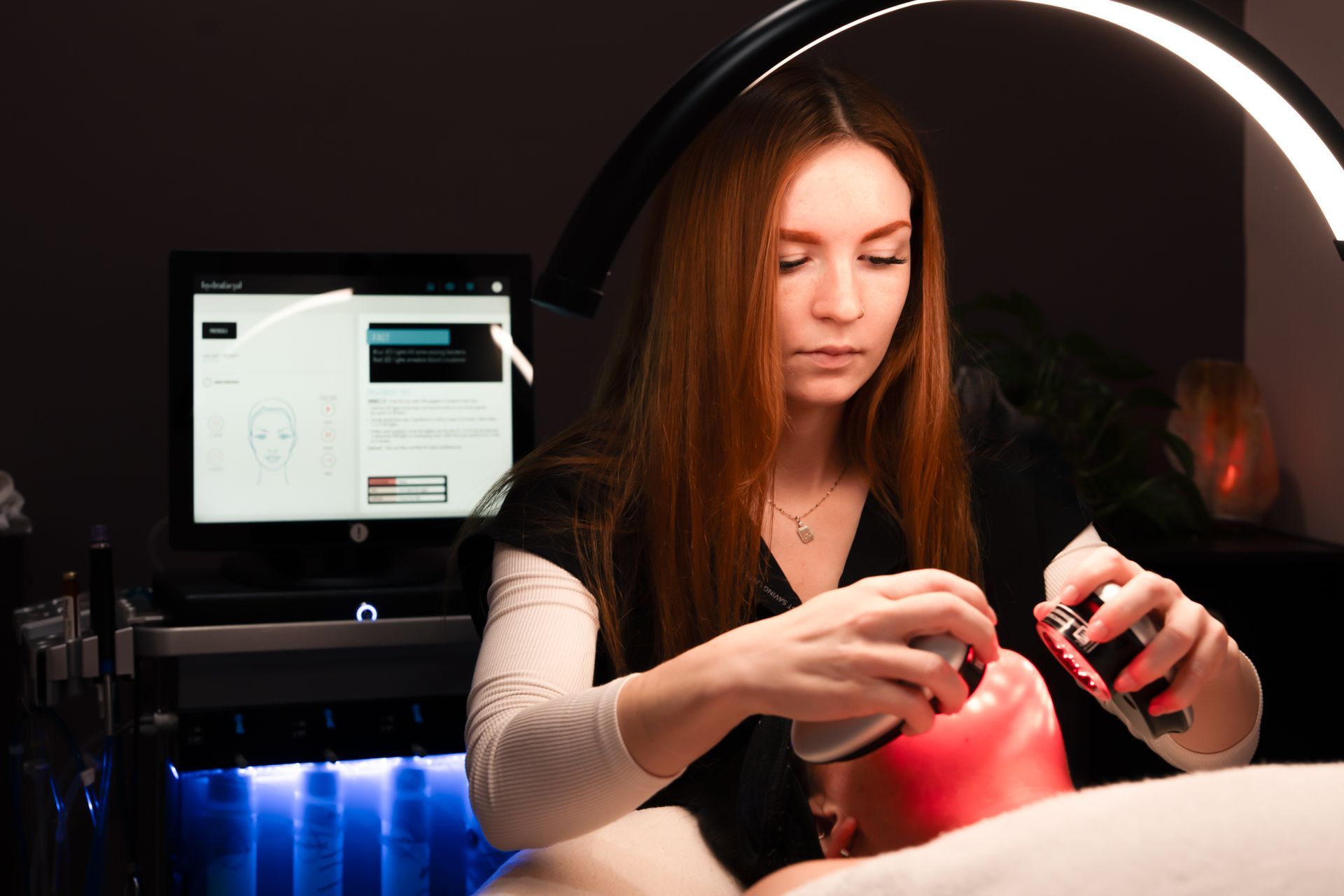 A before and after photo of a woman wearing a headband.
